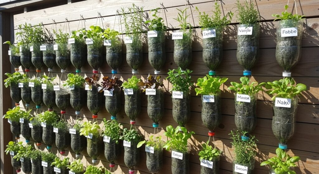 Horta vertical feita com garrafas PET recicladas penduradas em painel de madeira, com etiquetas artesanais indicando os nomes das ervas.