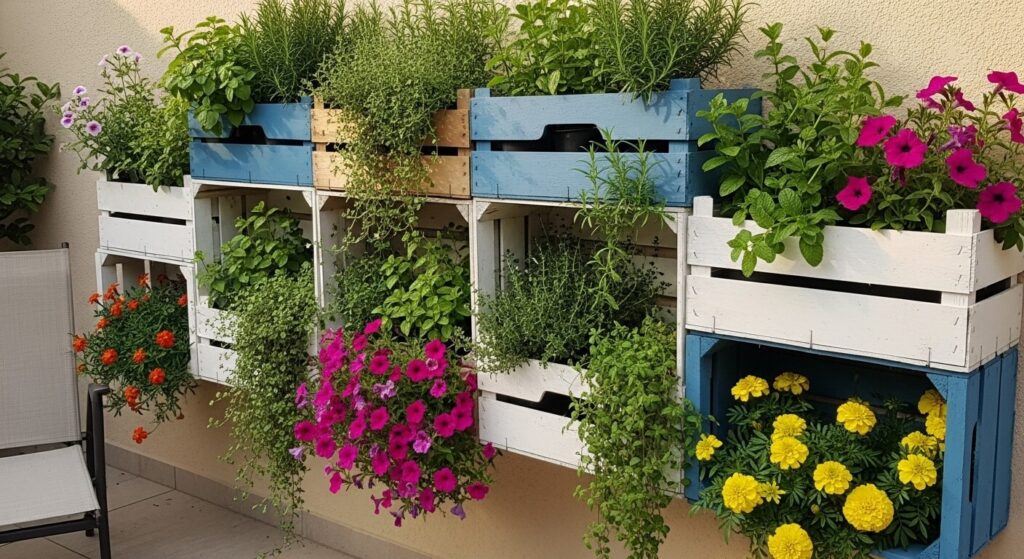 Horta vertical feita com caixas de feira pintadas, empilhadas em parede ensolarada, com ervas verdes e flores decorativas.