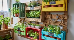 Horta vertical realista feita com paletes reaproveitados e caixas de madeira pintadas em cores vibrantes, fixadas em parede de varanda ensolarada. Plantas variadas como ervas e folhas verdes em vasos de diferentes tamanhos, com etiquetas artesanais. Elementos decorativos como luzes solares pequenas e cordas rústicas completam o ambiente, criando um refúgio verde acolhedor.