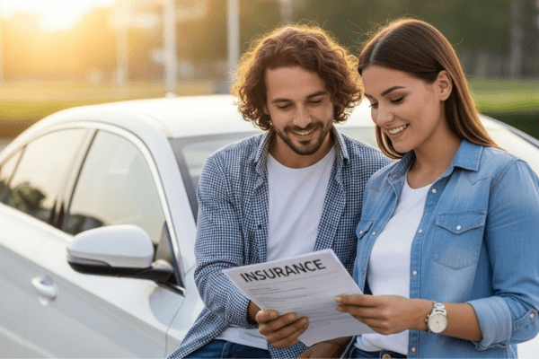 Casal sorridente ao lado de um carro revisando documentos de seguro auto, representando proteção financeira e confiança na seguradora.