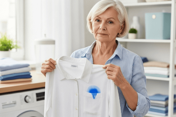 Elderly woman holding a white shirt with a blue ink stain on the pocket, in a bright laundry room.