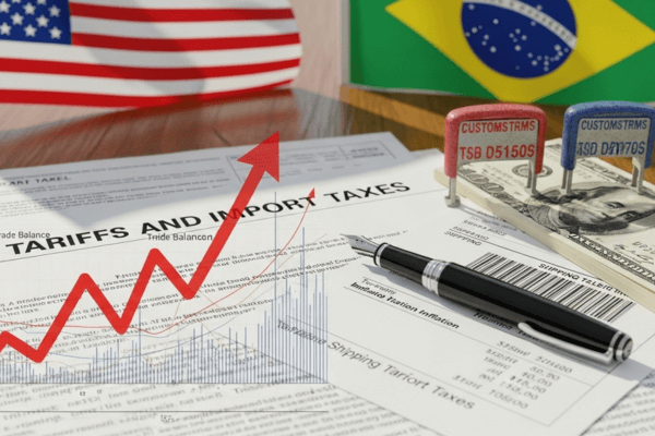 Cena simbólica representando as Tarifas de Trump em 2025, com gráficos de impacto econômico e bandeiras do Brasil, China e Estados Unidos ao fundo.